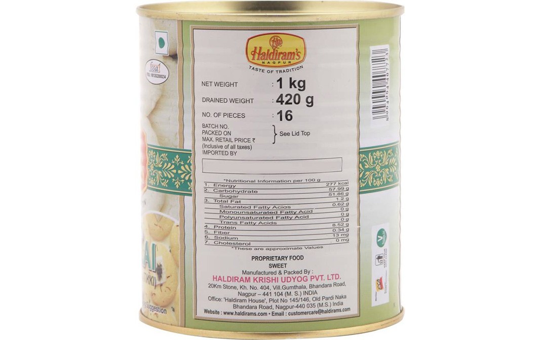 Haldiram's Nagpur Rasmalai (Tikki)   Tin  1 kilogram
